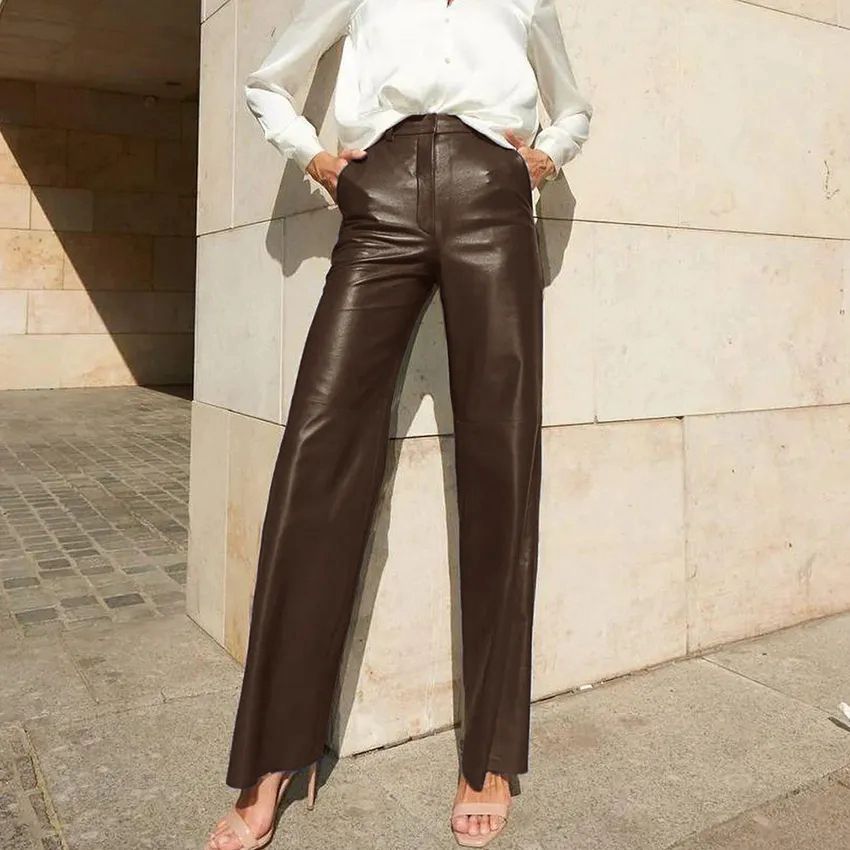 OM-2024 Fall Fashion PU Leather Mid-Rise Butt-Lifting Straight Leg Women's Casual Pants