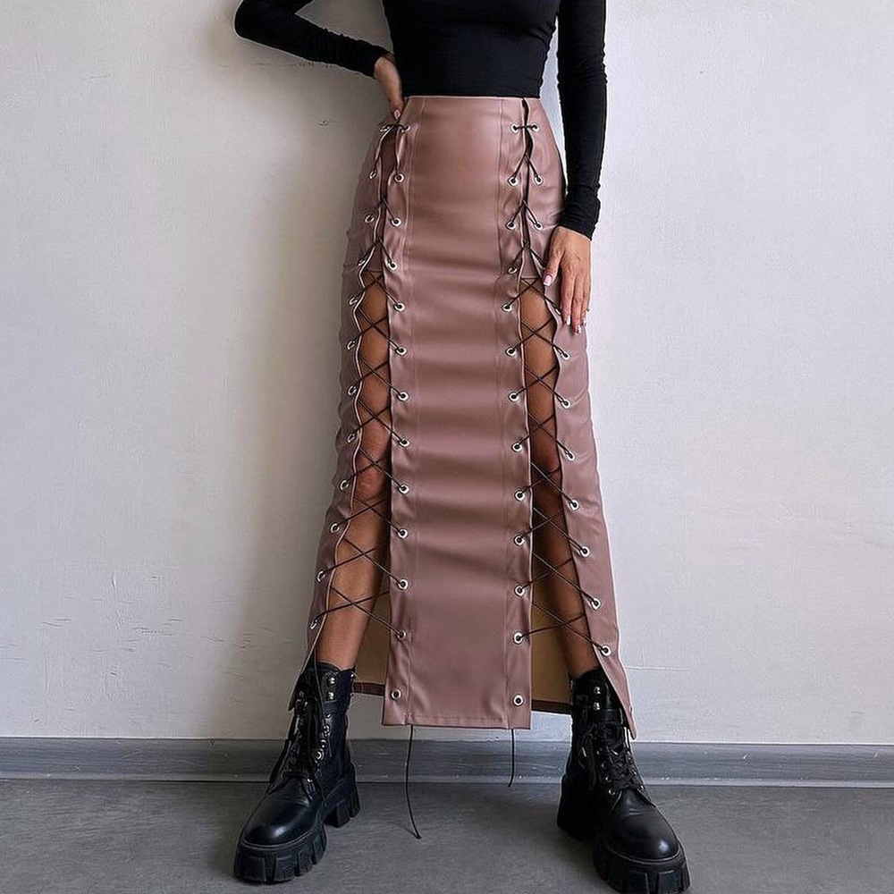 OM- 2025 Spring PU Leather Sexy Solid Color Slit Tie-up Bodycon Skirt Slimming Skirt